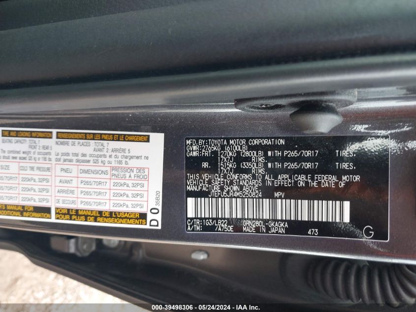 2021 Toyota 4Runner Sr5 Premium VIN: JTEFU5JR4M5250824 Lot: 39498306