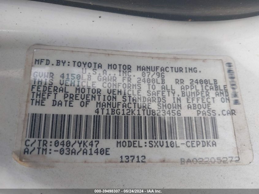 4T1BG12K1TU823456 | 1996 TOYOTA CAMRY