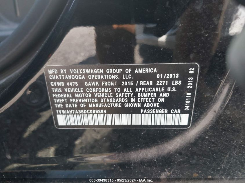 2013 Volkswagen Passat 2.5L S VIN: 1VWAH7A36DC089864 Lot: 39498315