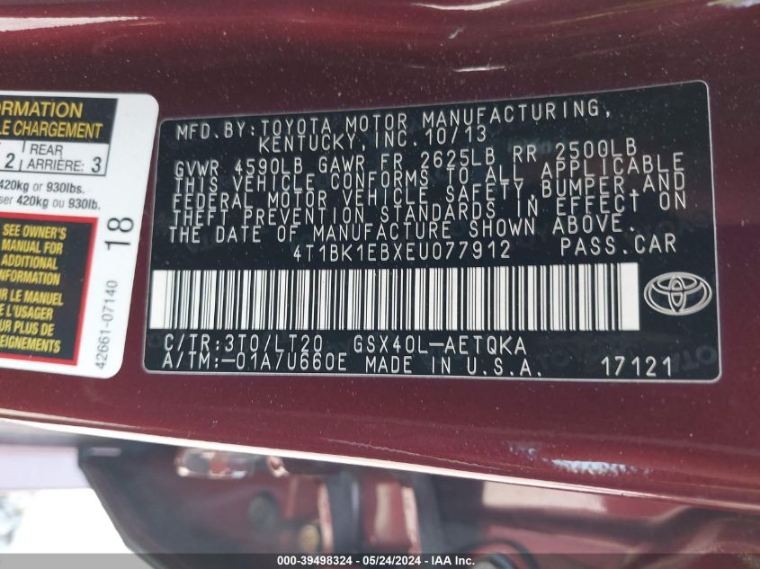 2014 Toyota Avalon Xle Touring VIN: 4T1BK1EBXEU077912 Lot: 39498324