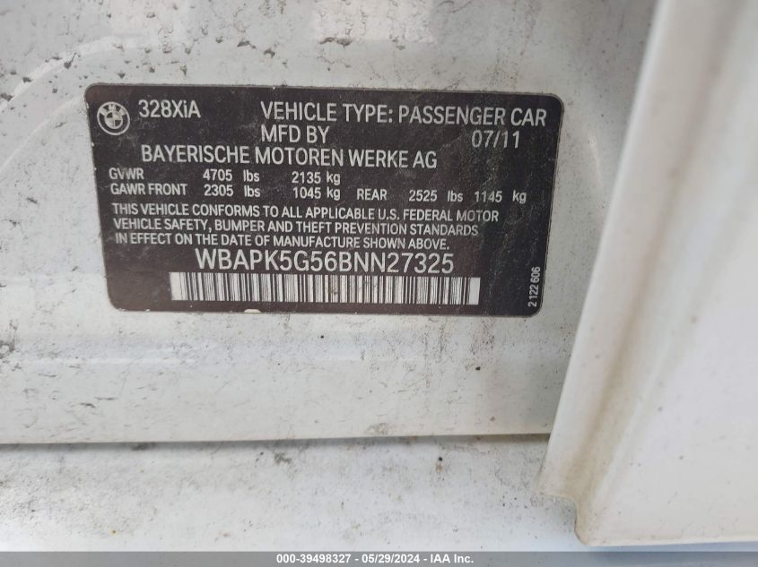 2011 BMW 328I xDrive VIN: WBAPK5G56BNN27325 Lot: 39498327