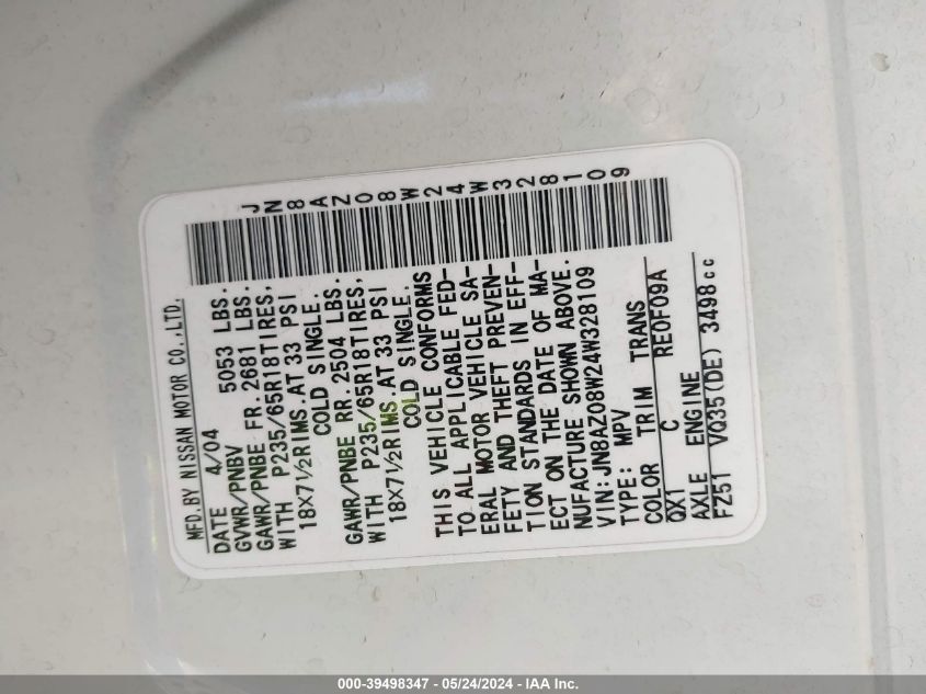 2004 Nissan Murano Se VIN: JN8AZ08W24W328109 Lot: 39498347
