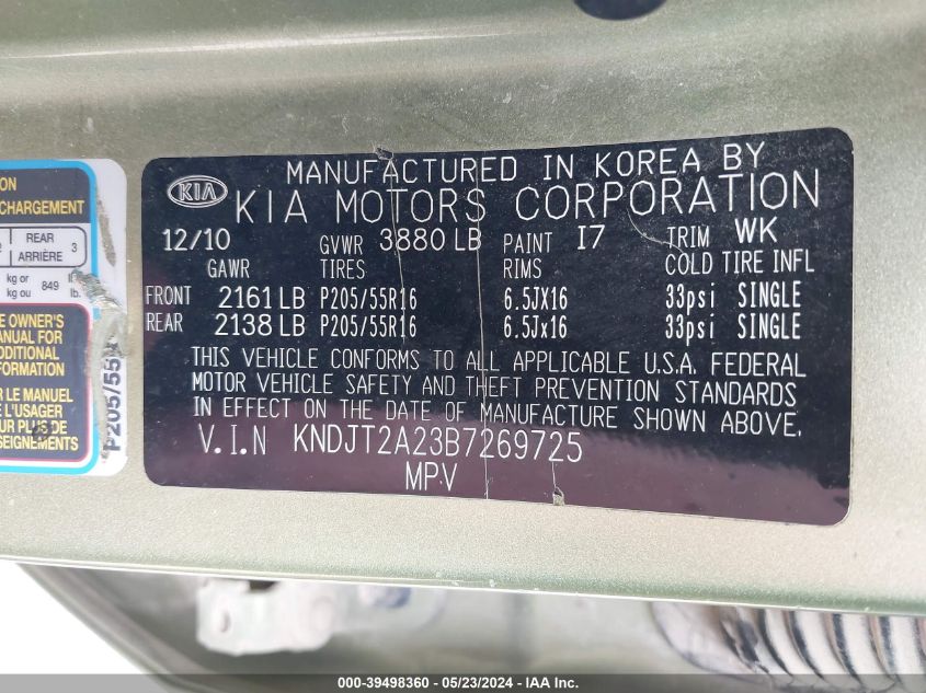 2011 Kia Soul + VIN: KNDJT2A23B7269725 Lot: 39498360