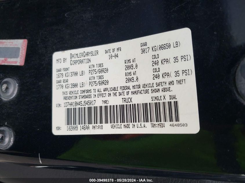 2005 Dodge Ram 1500 Slt/Laramie VIN: 1D7HA18N45J545017 Lot: 39498378