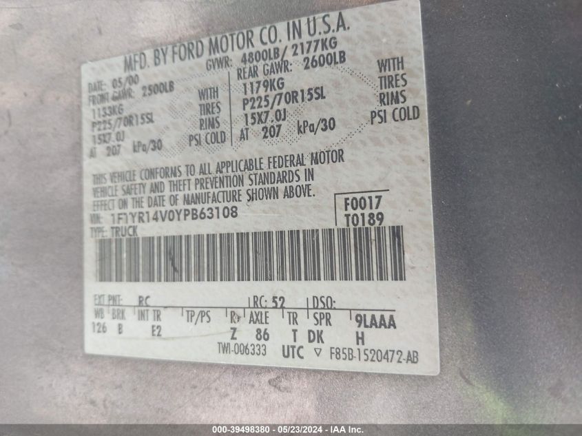 2000 Ford Ranger Xl/Xlt VIN: 1FTYR14V0YPB63108 Lot: 39498380