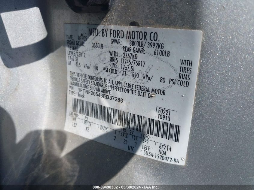 2006 Ford F-250 Xl/Xlt VIN: 1FTNF20546EB37286 Lot: 39498382