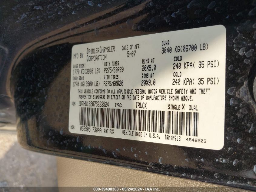 2007 Dodge Ram 1500 Slt/Trx4 Off Road/Sport VIN: 1D7HU18287S223524 Lot: 39498383