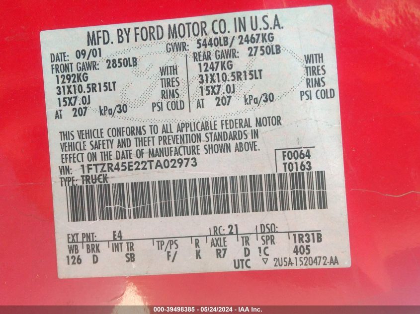 2002 Ford Ranger Edge/Xlt VIN: 1FTZR45E22TA02973 Lot: 39498385