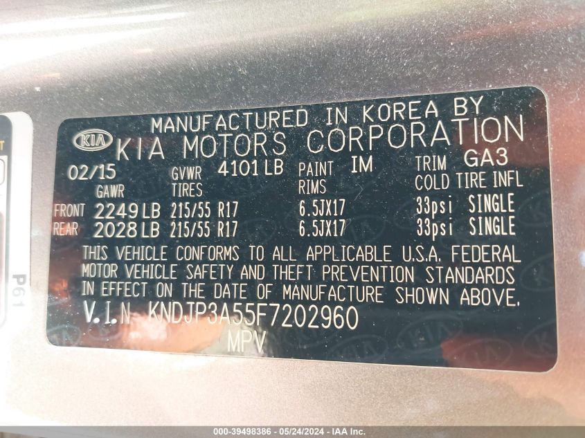 2015 Kia Soul + VIN: KNDJP3A55F7202960 Lot: 39498386