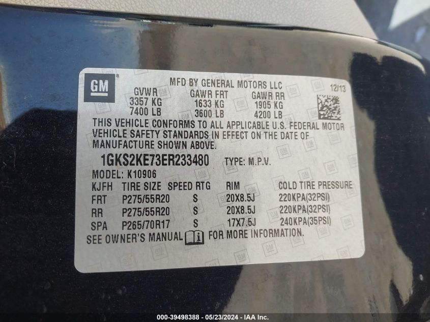 2014 GMC Yukon Xl 1500 Slt VIN: 1GKS2KE73ER233480 Lot: 39498388