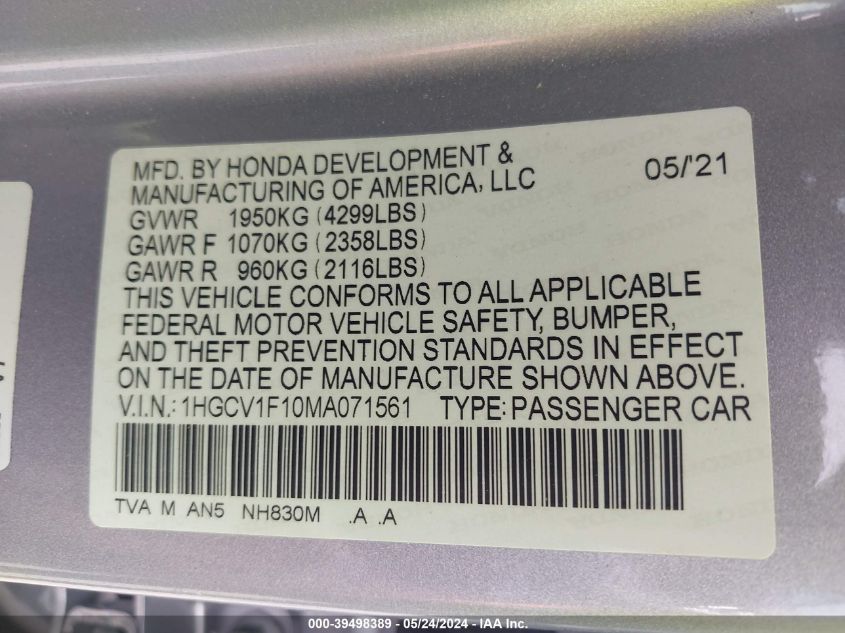 2021 Honda Accord Lx VIN: 1HGCV1F10MA071561 Lot: 39498389