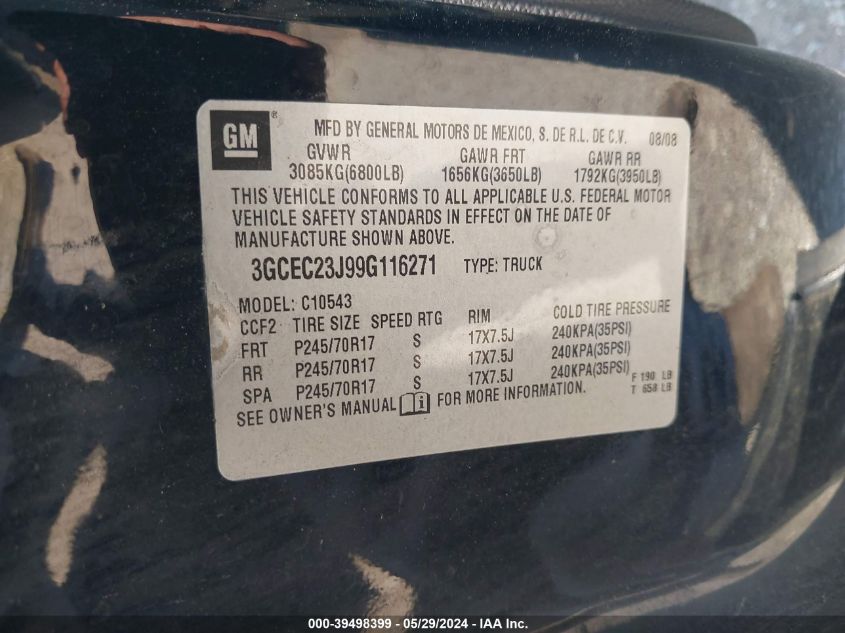 2009 Chevrolet Silverado 1500 Lt VIN: 3GCEC23J99G116271 Lot: 39498399