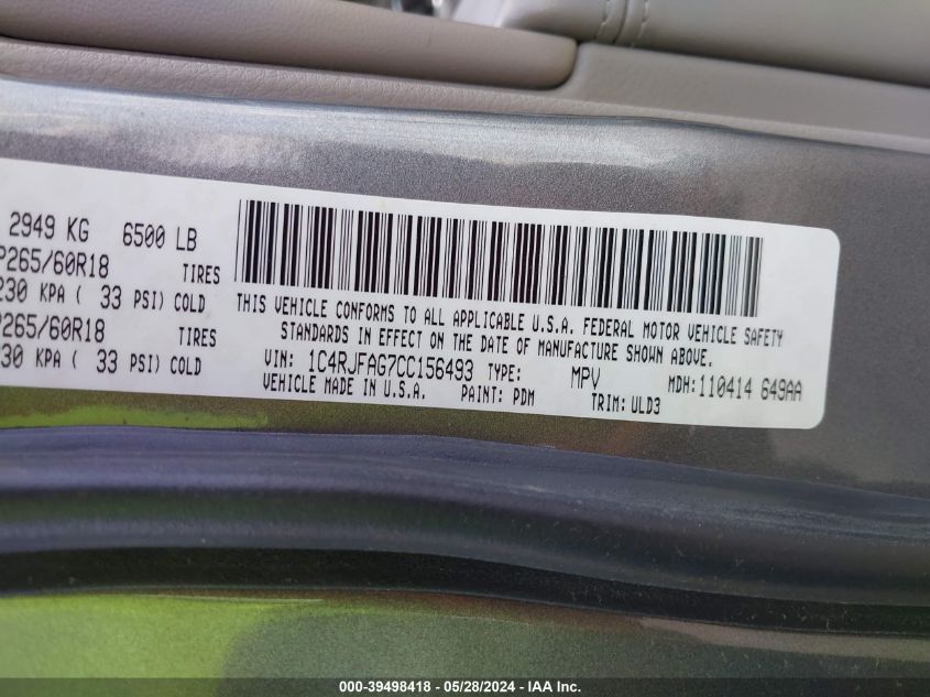 2012 Jeep Grand Cherokee Laredo VIN: 1C4RJFAG7CC156493 Lot: 39498418