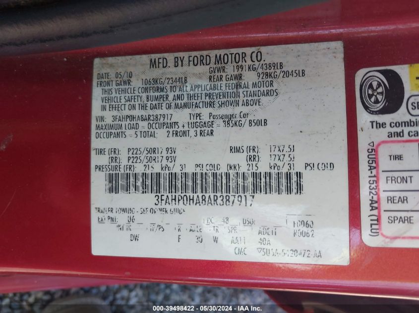 2010 Ford Fusion Se VIN: 3FAHP0HA8AR387917 Lot: 39498422