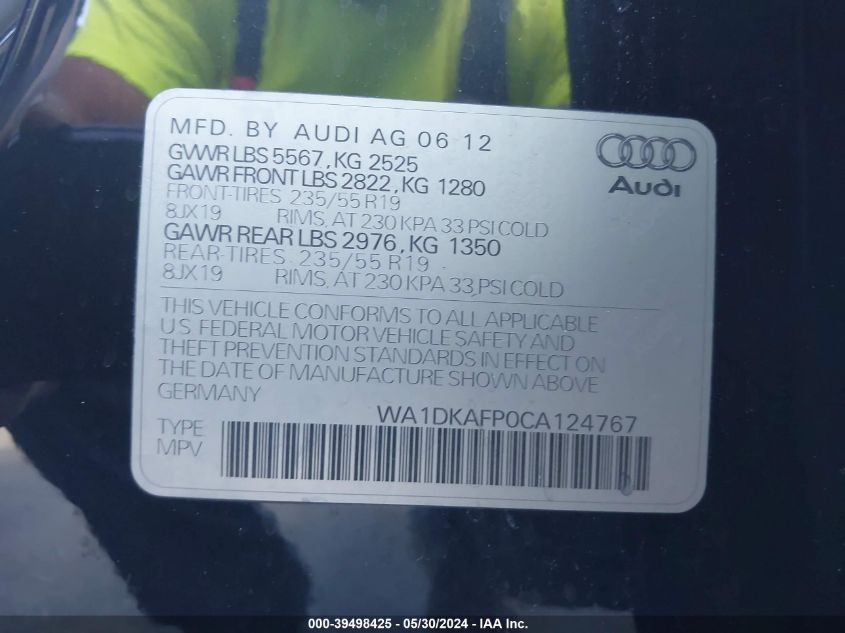 2012 Audi Q5 3.2 Premium Plus VIN: WA1DKAFP0CA124767 Lot: 39498425