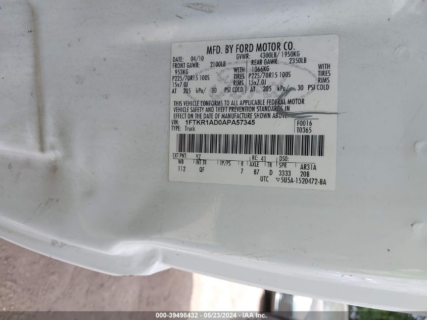 2010 Ford Ranger Xl VIN: 1FTKR1AD0APA57345 Lot: 39498432