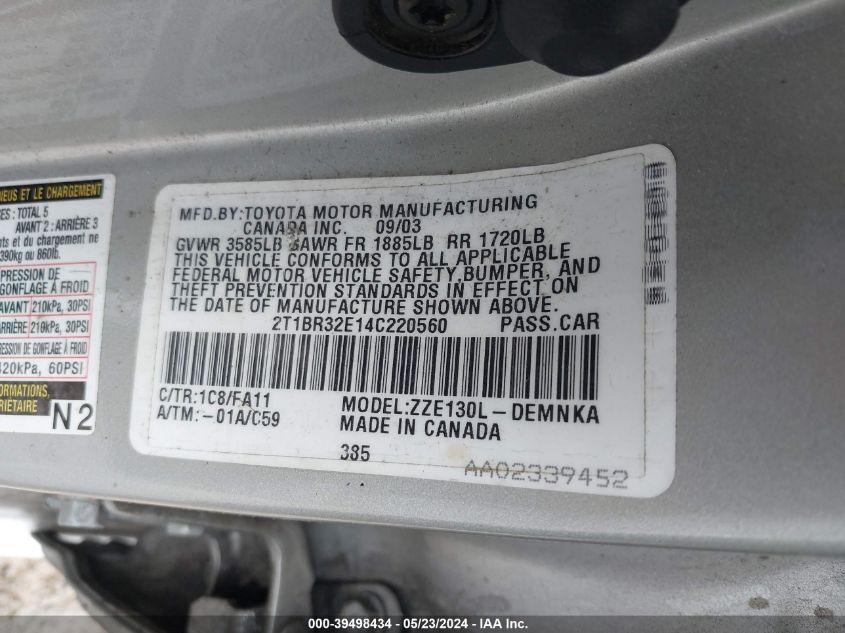 2004 Toyota Corolla Le VIN: 2T1BR32E14C220560 Lot: 39498434