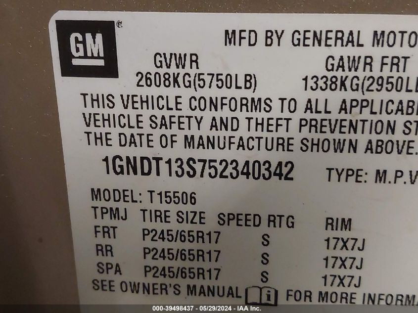 2005 Chevrolet Trailblazer Ls VIN: 1GNDT13S752340342 Lot: 39498437