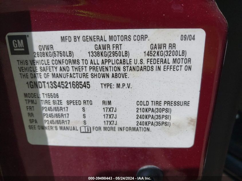 2005 Chevrolet Trailblazer Lt VIN: 1GNDT13S452168545 Lot: 39498443