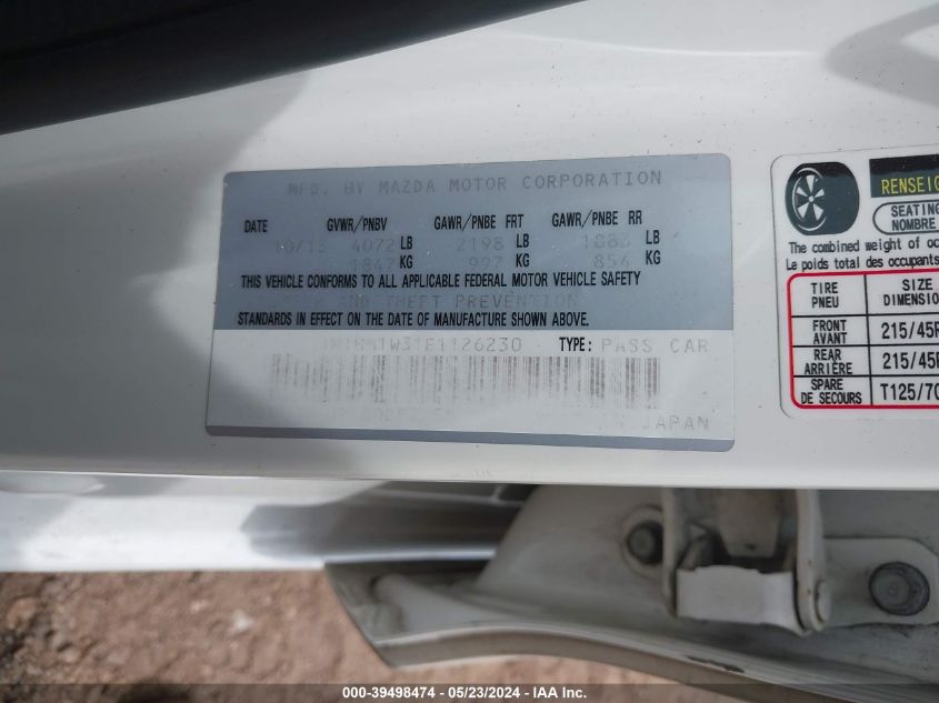 2014 Mazda Mazda3 S Grand Touring VIN: JM1BM1W31E1126230 Lot: 39498474