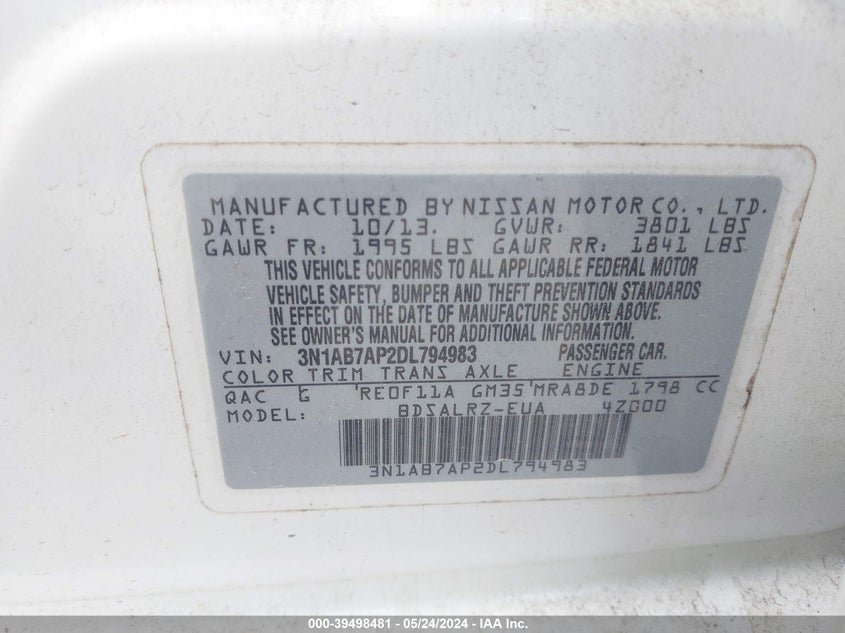 2013 Nissan Sentra Sr VIN: 3N1AB7AP2DL794983 Lot: 39498481