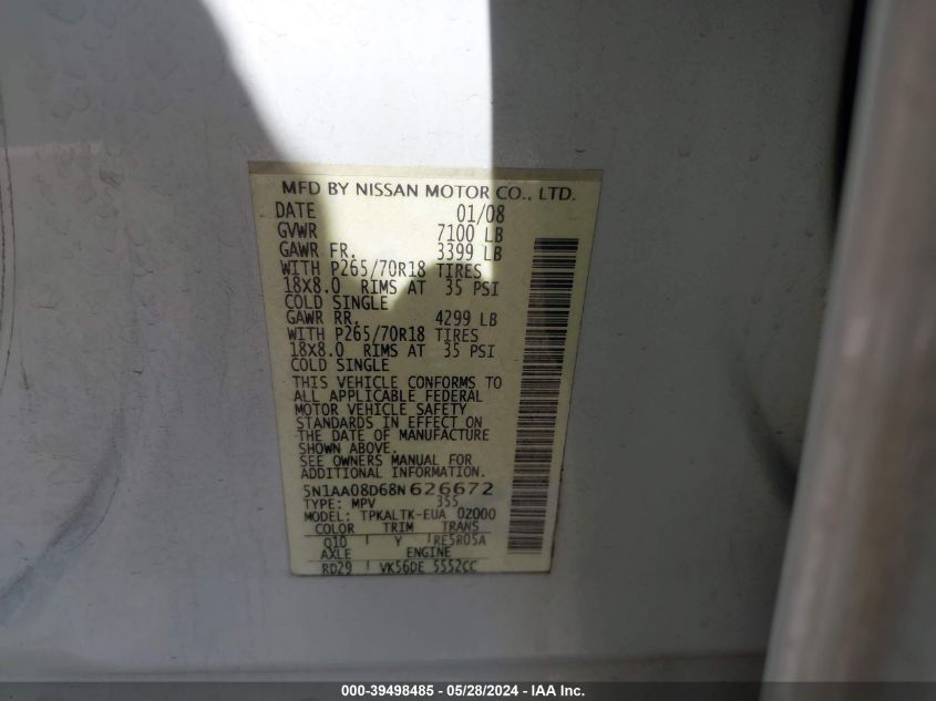 2008 Nissan Armada Se/Le VIN: 5N1AA08D68N626672 Lot: 39498485