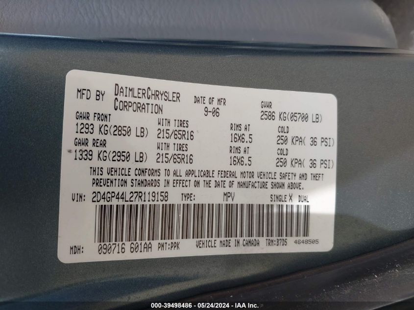 2007 Dodge Grand Caravan Sxt VIN: 2D4GP44L27R119158 Lot: 39498486