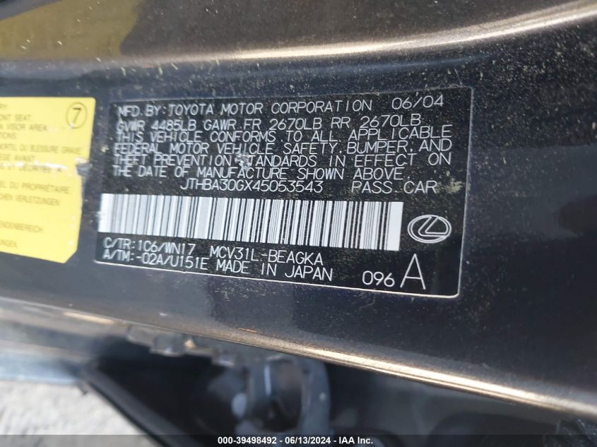 2004 Lexus Es 330 VIN: JTHBA30GX45053543 Lot: 39498492