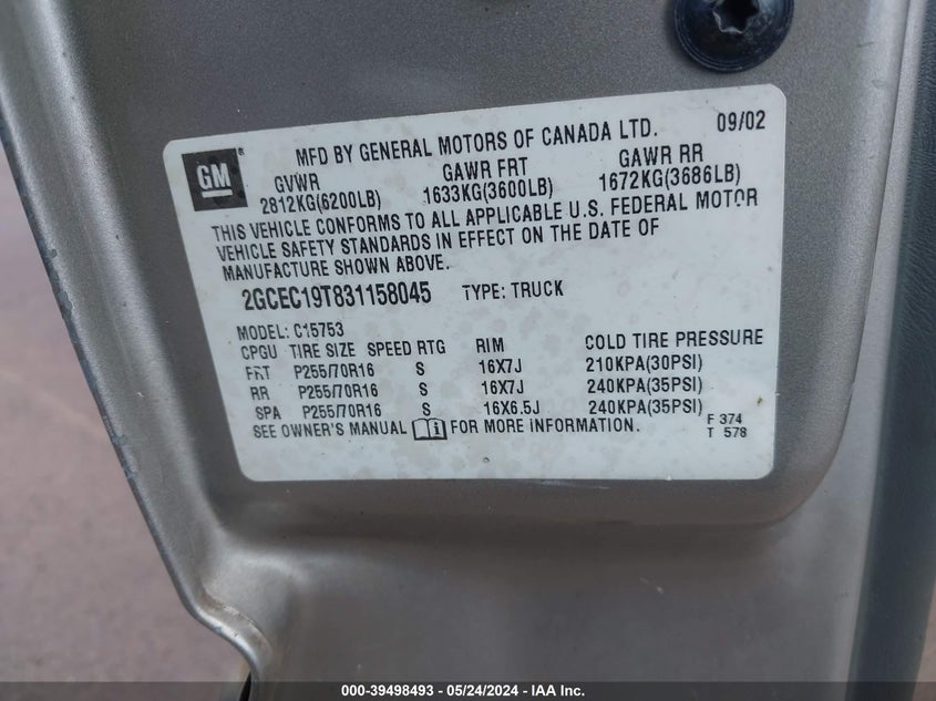 2003 Chevrolet Silverado 1500 Ls VIN: 2GCEC19T831158045 Lot: 39498493