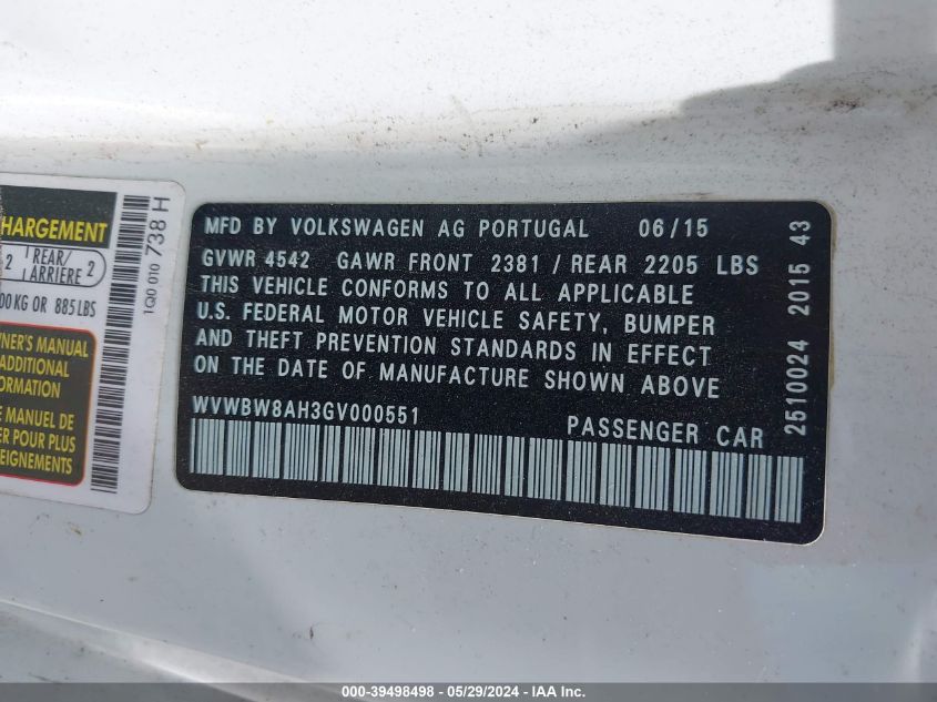 2016 Volkswagen Eos Komfort VIN: WVWBW8AH3GV000551 Lot: 39498498