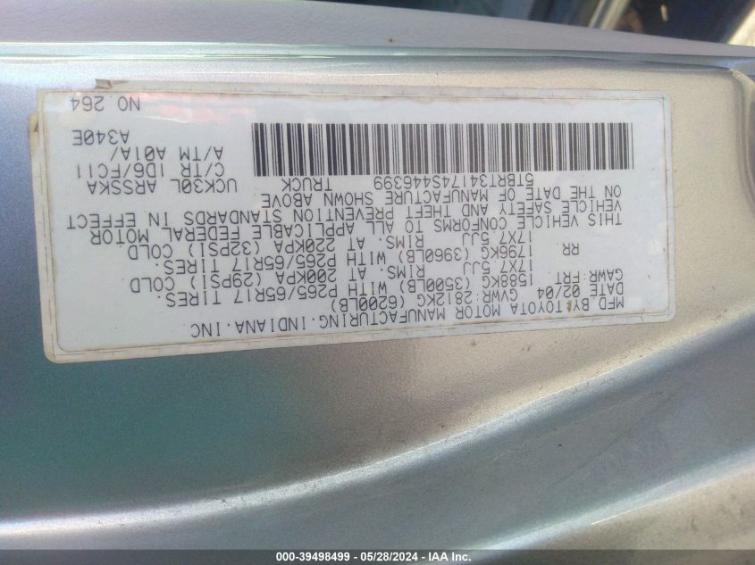 2004 Toyota Tundra Sr5 V8 VIN: 5TBRT34174S446399 Lot: 39498499