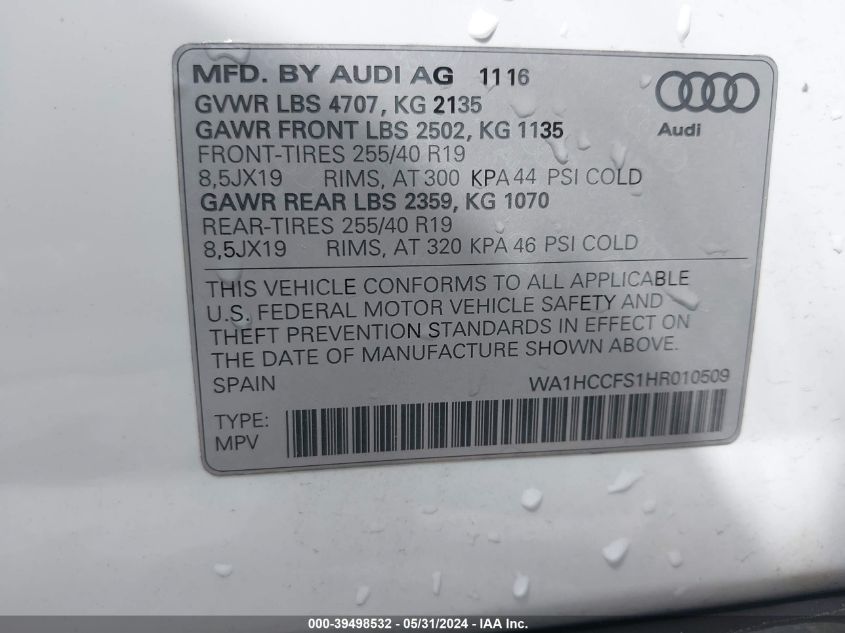 2017 AUDI Q3 PREMIUM PLUS - WA1HCCFS1HR010509