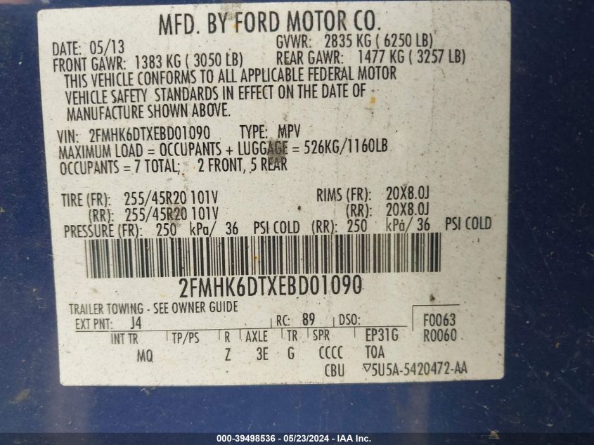 2014 Ford Flex Limited VIN: 2FMHK6DTXEBD01090 Lot: 39498536