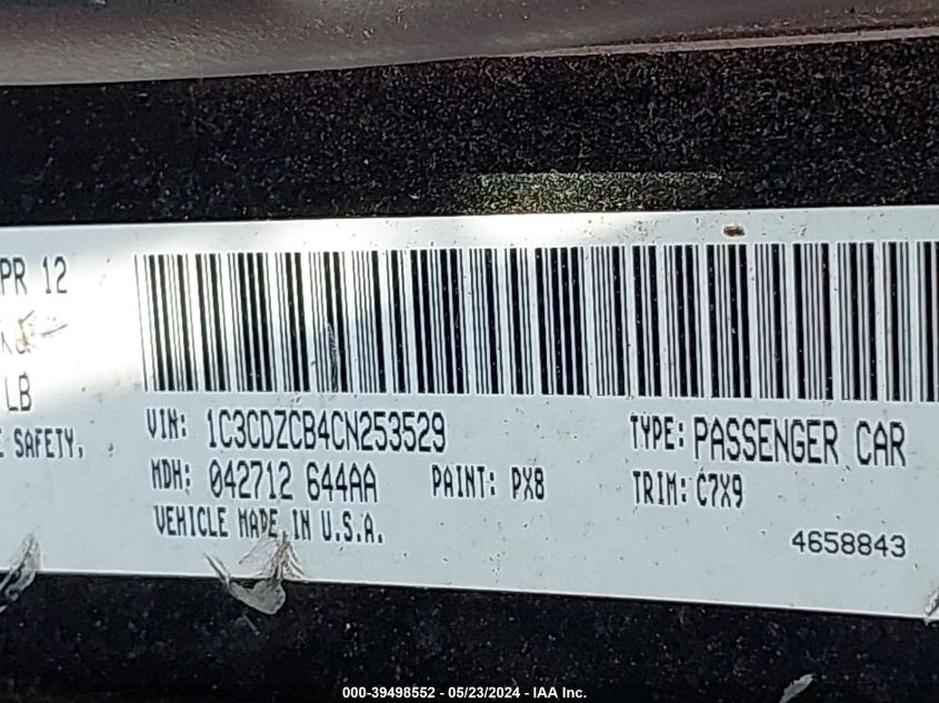 2012 Dodge Avenger Sxt VIN: 1C3CDZCB4CN253529 Lot: 39498552