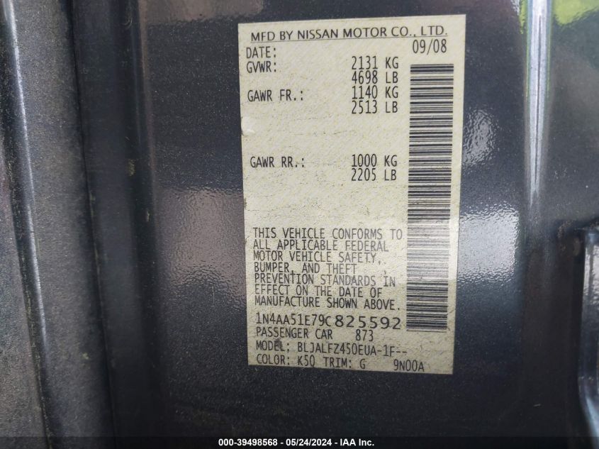 2009 Nissan Maxima 3.5 Sv VIN: 1N4AA51E79C825592 Lot: 39498568