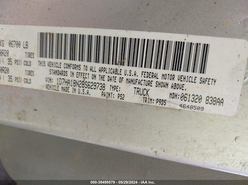 2008 Dodge Ram 1500 Slt VIN: 1D7HA18N28S629738 Lot: 39498579