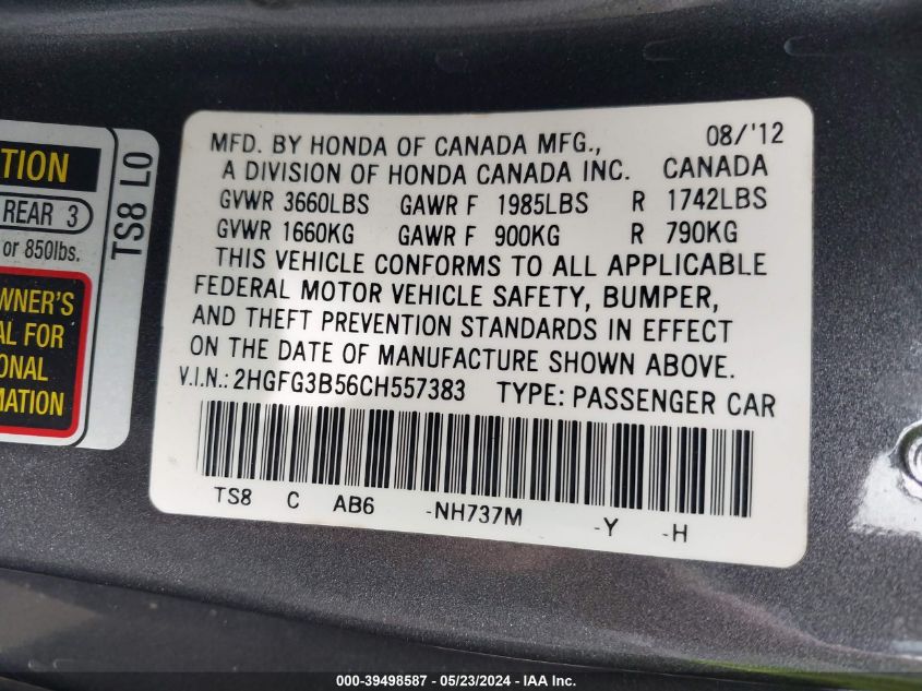 2012 Honda Civic Lx VIN: 2HGFG3B56CH557383 Lot: 39498587