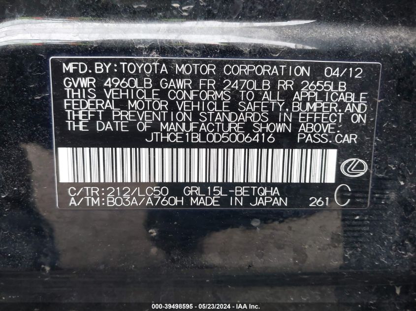 2013 Lexus Gs 350 VIN: JTHCE1BL0D5006416 Lot: 39498595