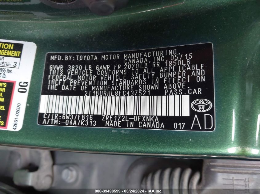 2015 Toyota Corolla Le Plus VIN: 2T1BURHE8FC437521 Lot: 39498599