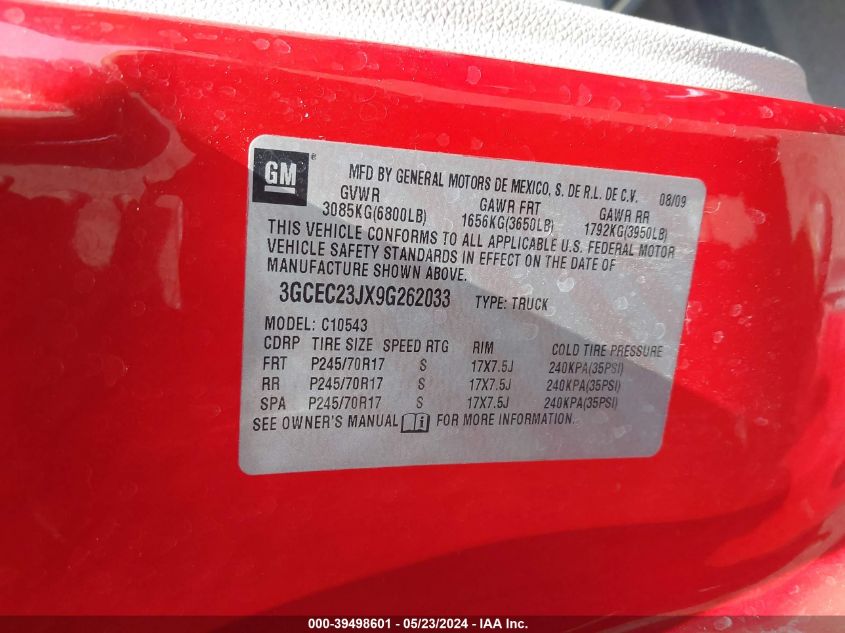 2009 Chevrolet Silverado 1500 Lt VIN: 3GCEC23JX9G262033 Lot: 39498601