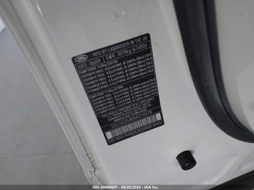 2009 Land Rover Range Rover Sport Hse VIN: SALSK25469A214579 Lot: 39498607