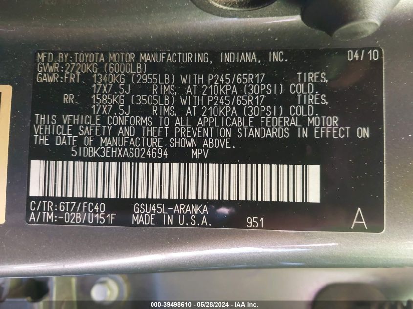 2010 Toyota Highlander Base V6 VIN: 5TDBK3EHXAS024694 Lot: 39498610