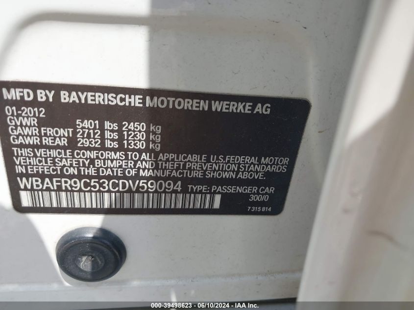 2012 BMW 550I VIN: WBAFR9C53CDV59094 Lot: 39498623