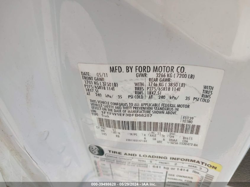 2011 Ford F-150 Fx4 VIN: 1FTFW1EF3BFB68257 Lot: 39498628