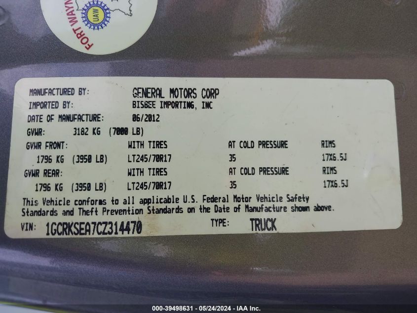 2012 Chevrolet Silverado 1500 Lt VIN: 1GCRKSEA7CZ314470 Lot: 39498631