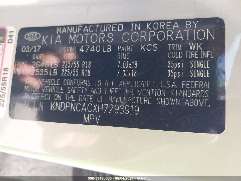 2017 Kia Sportage Ex VIN: KNDPNCACXH7293919 Lot: 39498635