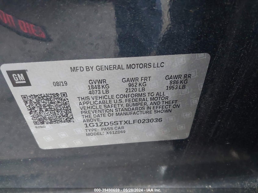 2020 Chevrolet Malibu Fwd Lt VIN: 1G1ZD5STXLF023036 Lot: 39498659