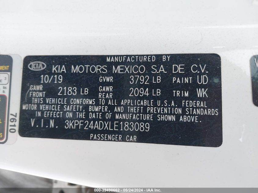 2020 Kia Forte Fe/Lxs VIN: 3KPF24ADXLE183089 Lot: 39498662