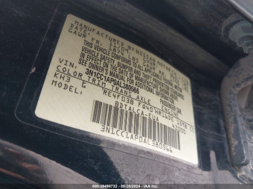 2010 Nissan Versa 1.6 VIN: 3N1CC1AP0AL380566 Lot: 39498732