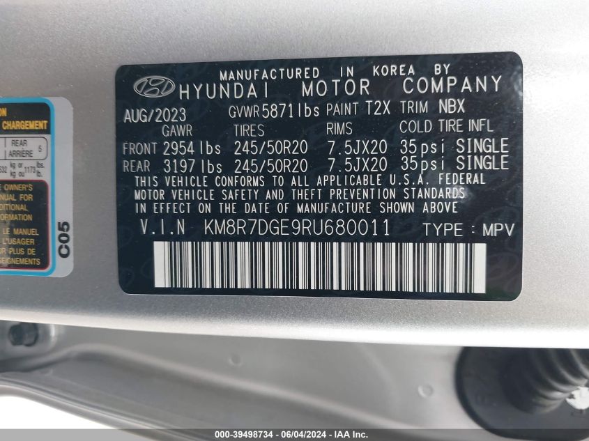 2024 Hyundai Palisade Calligraphy VIN: KM8R7DGE9RU680011 Lot: 39498734